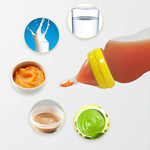 LuvLap Easy Squeezy Food Feeder Bottle - Silicone Spoon, Smart Dust Cover, Yellow, 180 ml  BPA Free Soft Silicone