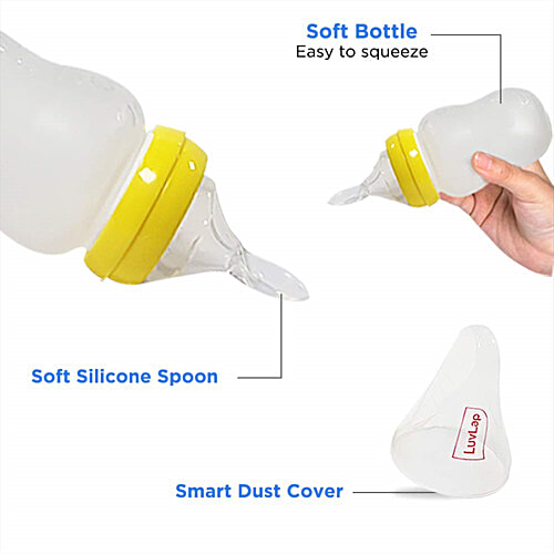 LuvLap Easy Squeezy Food Feeder Bottle - Silicone Spoon, Smart Dust Cover, Yellow, 180 ml  BPA Free Soft Silicone