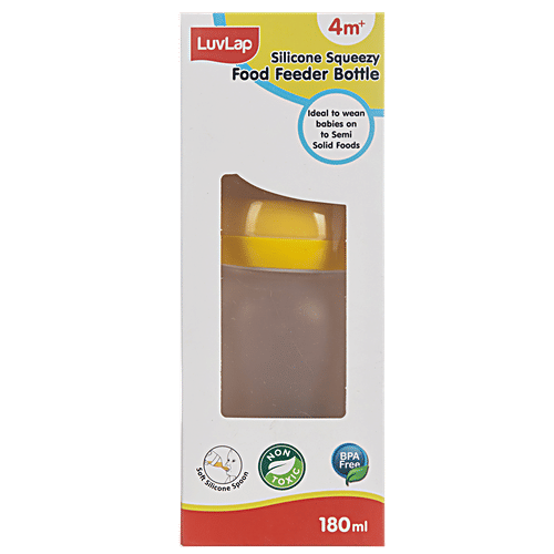 LuvLap Easy Squeezy Food Feeder Bottle - Silicone Spoon, Smart Dust Cover, Yellow, 180 ml  BPA Free Soft Silicone