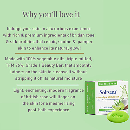 Softsens Naturally Refreshed Skin Cream Bar Soap - With Zesty Lime, Aloe Vera & Coconut Cream, 100 g (Buy 2 Get 1 Free)