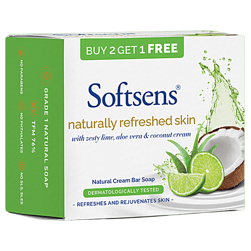 Softsens Naturally Refreshed Skin Cream Bar Soap - With Zesty Lime, Aloe Vera & Coconut Cream, 100 g (Buy 2 Get 1 Free)