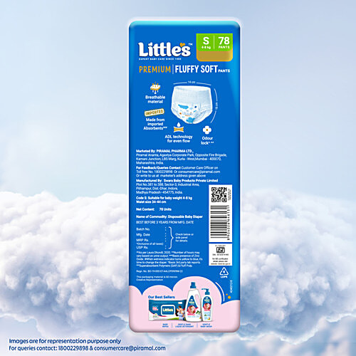 Little's Premium Baby Fluffy Soft Diaper Pants - S, 4-8 kg, 78 pcs Anti-Rash Formula, Leakage Guard, No Nasties – Paraben & Phthalate, Alcohol Free