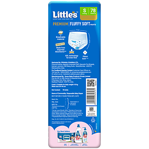 Little's Premium Baby Fluffy Soft Diaper Pants - S, 4-8 kg, 78 pcs Anti-Rash Formula, Leakage Guard, No Nasties – Paraben & Phthalate, Alcohol Free