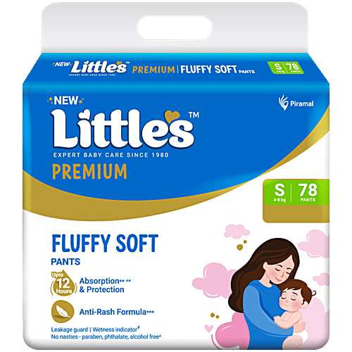 Little's Premium Baby Fluffy Soft Diaper Pants - S, 4-8 kg, 78 pcs Anti-Rash Formula, Leakage Guard, No Nasties – Paraben & Phthalate, Alcohol Free