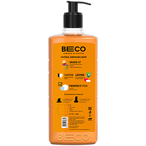 Beco Natural Dishwash Liquid - Orange Citrus Fragrance, 750 ml  Coconut Based Surfactants, Freshness of Orange & Frangipani, Natural Bio-Enzymes