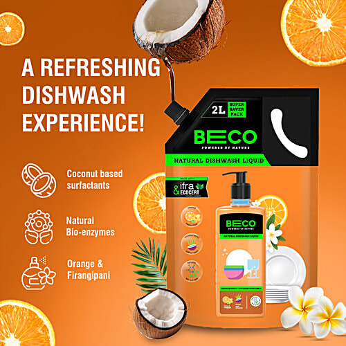 Beco Natural Dishwash Liquid - Orange Citrus Fragrance, 750 ml  Coconut Based Surfactants, Freshness of Orange & Frangipani, Natural Bio-Enzymes