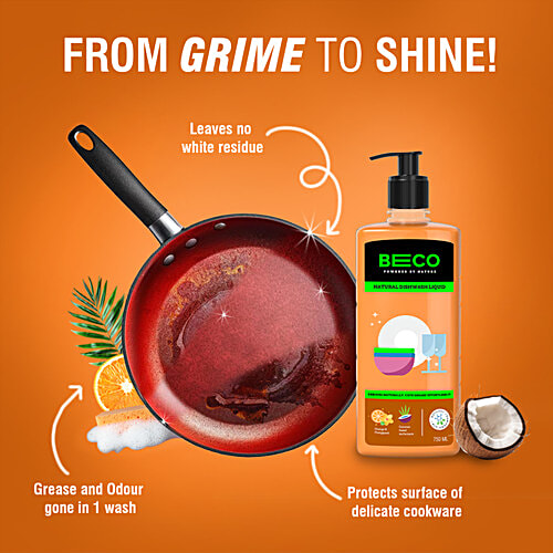 Beco Natural Dishwash Liquid - Orange Citrus Fragrance, 750 ml  Coconut Based Surfactants, Freshness of Orange & Frangipani, Natural Bio-Enzymes