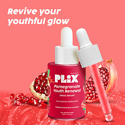 Plix The Plant Fix Pomegranate Youth Renewal Dewy Serum - 0.6% Retinol & 0.2% Bakuchi, 30 ml For Reverse Aging, Reduces Fine Lines & Wrinkles, 100% Vegan