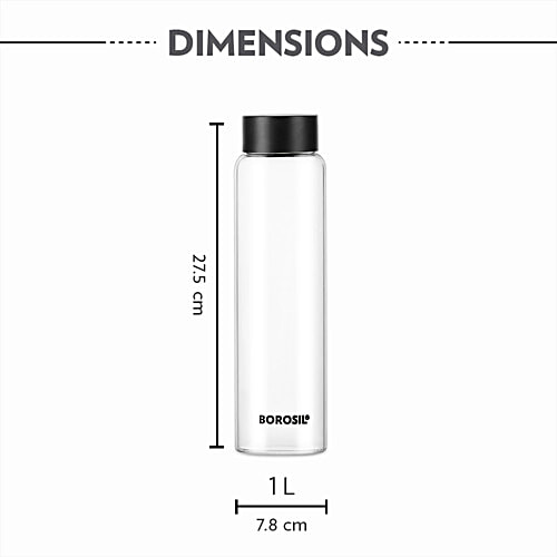 Borosil Crysto Glass Bottle - Black Stainless Steel Lid, 1 L