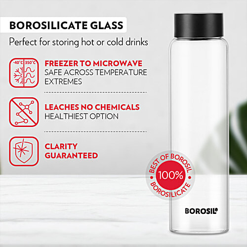 Borosil Crysto Glass Bottle - Black Stainless Steel Lid, 1 L