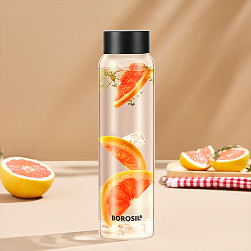 Borosil Crysto Glass Bottle - Black Stainless Steel Lid, 1 L