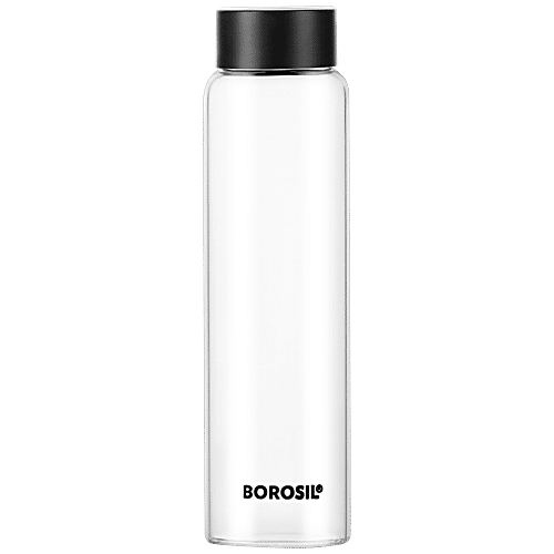 Borosil Crysto Glass Bottle - Black Stainless Steel Lid, 1 L