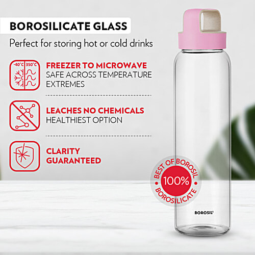 Borosil Neo Glass Bottle - Husk Pink Lid, 1 L  