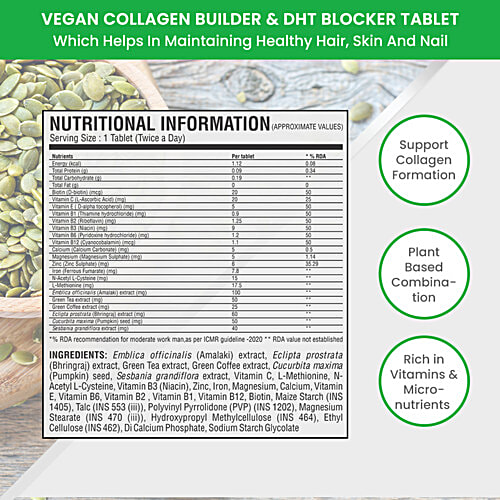 Vasu Nutra Vegan Collagen Builder & DHT Blocker Tablet - For Hair, Skin & Nail, 60 pcs  