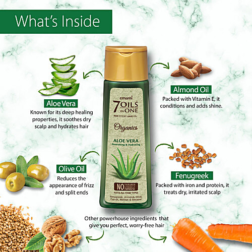 Emami 7 Oils In One Organics Aloe Vera Hair Oil - Nourishing & Hydrating, Non-Sticky, 200 ml  