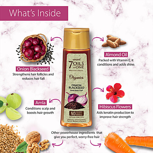 Emami 7 Oils In One Organics Onion Blackseed Hair Oil - Anti Hair-Fall, Non-Sticky, 200 ml
