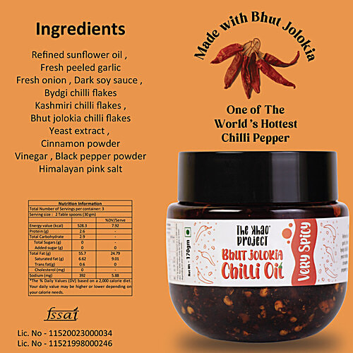 The Khao Project Bhut Jolokia Chilli Oil - Very Spicy, 170 g Jar