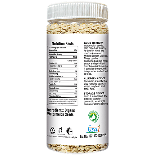 Natureland Organics Watermelon Seeds - Raw, 250 g Gluten Free, Omega 3 Rich, Rich In Protein & Iron