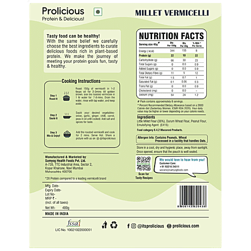 Prolicious Millet Vermicelli - Rich In Plant Based Protein, 400 g  Tasty, 2X Protein, No Maida, Made With The Goodness Of Millets