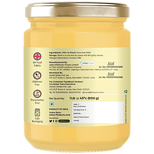 Auric Bilona Cow Ghee - Pure & Natural Desi Ghee, 1 L Glass Jar Pure & Natural Desi Ghee, Traditional Curd-Churned
