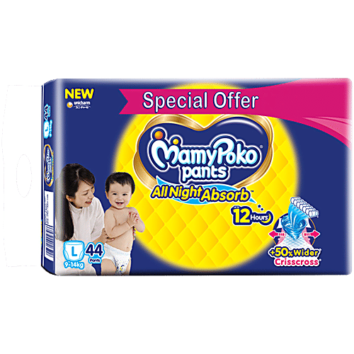 Mamy Poko Pants Standard All Night Large, 44 pcs  Upto 10 Hours Protection, Crisscross Sheet