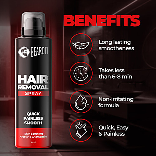Beardo Hair Removal Spray For Men - Skin Soothing, Aloe & Chamomile, 200 ml  Skin Soothing Aloe & Chamomile, Long Lasting Smoothness, Quick & Painless Hair Removal in 8 minutes