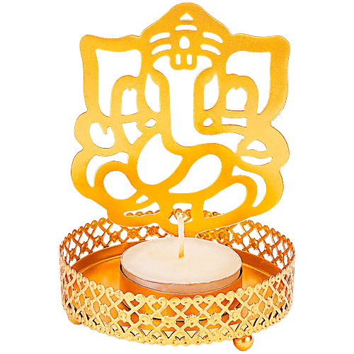 Prime-Metal Metal Shadow Ganesh Ji Tealight Candle Holder - Gold, 1 pc  