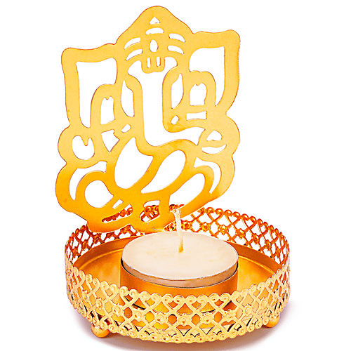 Prime-Metal Metal Shadow Ganesh Ji Tealight Candle Holder - Gold, 1 pc  