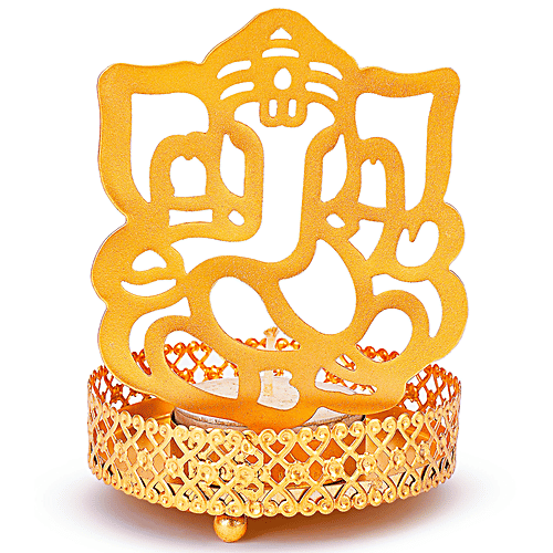 Prime-Metal Metal Shadow Ganesh Ji Tealight Candle Holder - Gold, 1 pc  