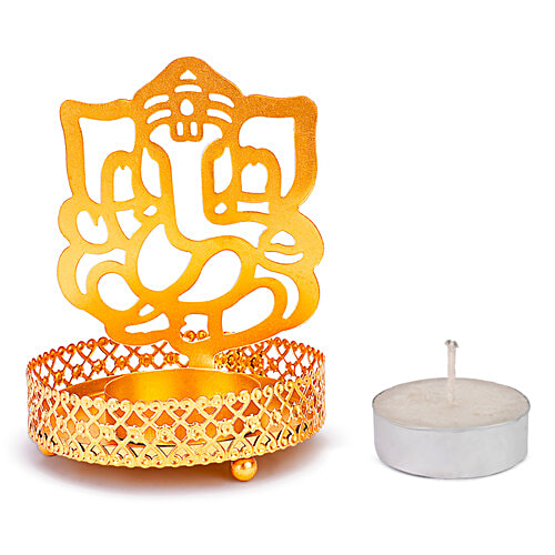 Prime-Metal Metal Shadow Ganesh Ji Tealight Candle Holder - Gold, 1 pc  