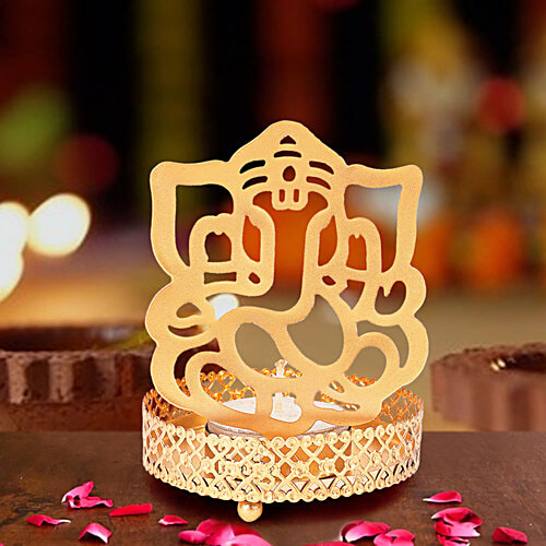 Prime-Metal Metal Shadow Ganesh Ji Tealight Candle Holder - Gold, 1 pc  