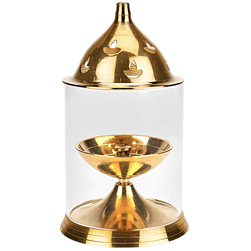 Prime-Metal Brass Akhand Jyoti Diya - With Clear Glass, Golden, 1 pc  