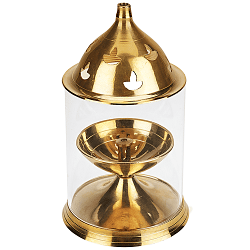 Prime-Metal Brass Akhand Jyoti Diya - With Clear Glass, Golden, 1 pc  