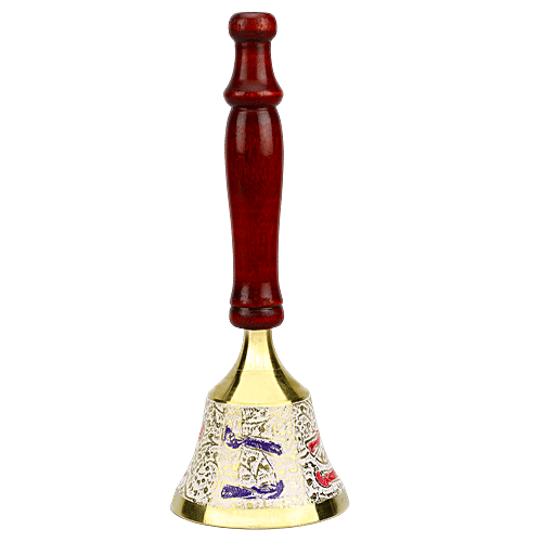 Prime-Metal Mandir Bell With Wooden Stand - White, 1 pc