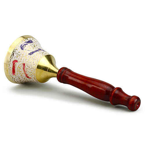 Prime-Metal Mandir Bell With Wooden Stand - White, 1 pc