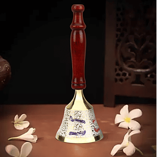 Prime-Metal Mandir Bell With Wooden Stand - White, 1 pc