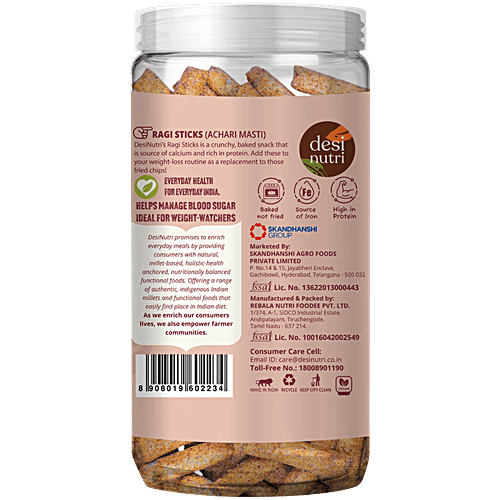 Desi Nutri Ragi Sticks - Achari Masti, 120 g Baked Not Fried, Source Of Iron, High In Protein