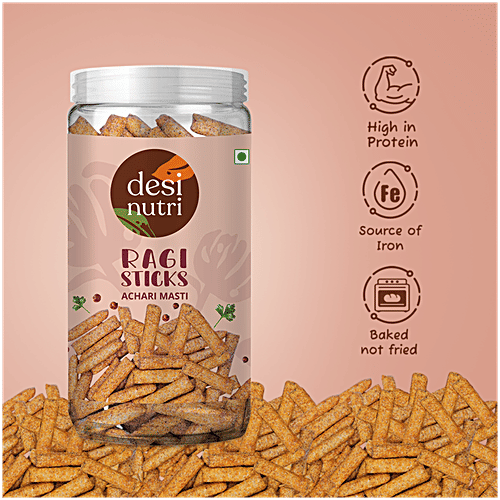 Desi Nutri Ragi Sticks - Achari Masti, 120 g Baked Not Fried, Source Of Iron, High In Protein
