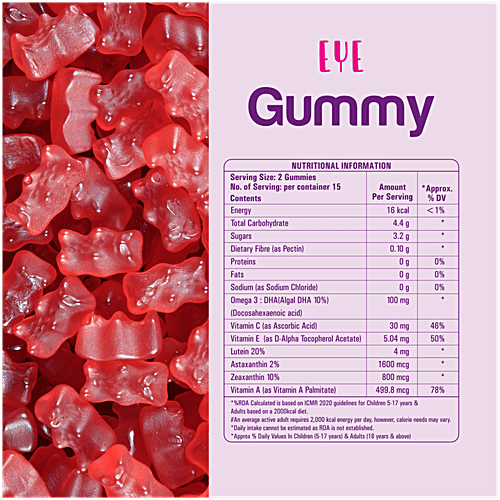 Desi Nutri Eye Gummy - Strawberry Mix Flavour, With Lutein, Astaxanthin, Zeaxanthin & DHA, 30 pcs Gluten & Nut Free, Soy Free, Milk Free, Gelatin Free