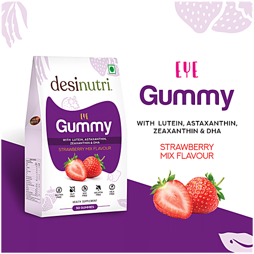 Desi Nutri Eye Gummy - Strawberry Mix Flavour, With Lutein, Astaxanthin, Zeaxanthin & DHA, 30 pcs Gluten & Nut Free, Soy Free, Milk Free, Gelatin Free