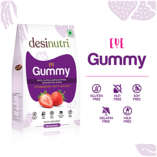 Desi Nutri Eye Gummy - Strawberry Mix Flavour, With Lutein, Astaxanthin, Zeaxanthin & DHA, 30 pcs Gluten & Nut Free, Soy Free, Milk Free, Gelatin Free