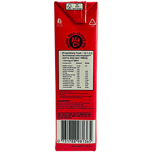 Alt Co Plant Based Almond Drink, 180 ml  Unsweetened, Non-Dairy, Lactose Free
