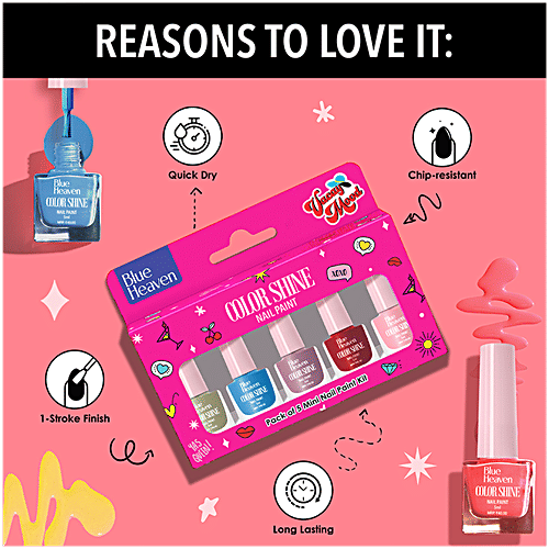 Blue Heaven Color Shine Mini Nail Paint Kit, 25 ml (Pack of 5) Glossy Gel Finish, Quick Dry, Long Lasting, Chip Resistant