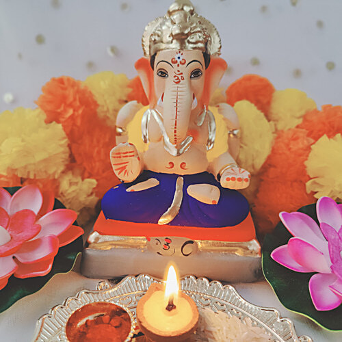 House of Festivals Ganpati Clay Murti/Ganesha Idol - Eco-Friendly, 15 cm, HOF-GI-Hyd-6-4, 1 pc