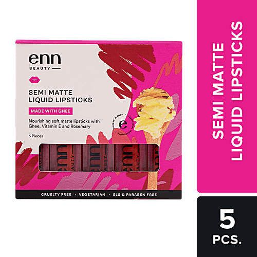 ENN Semi Matte Liquid Lipsticks Made With Ghee, Vitamin E, & Rosemary, 5 pcs  Soft Matte Liquid Lipsticks, Cruelty Free, Vegetarian, SLS & Paraben Free