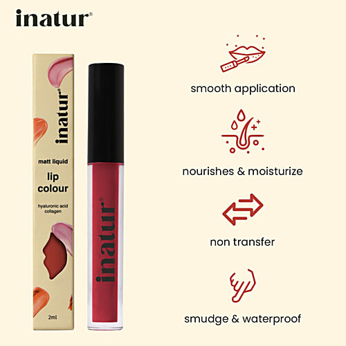 Inatur Matt Liquid Lip Colour With Hyaluronic Acid & Collagen, 2 ml Cherry Rush Lightweight, Easy To Glide, Long Lasting Matt Finish, Non Sticky