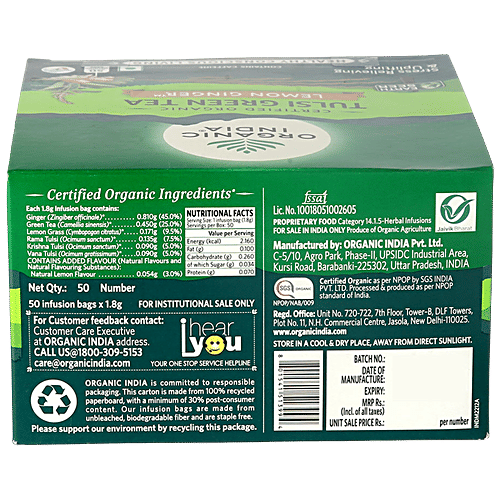 Organic India Tulsi Green Tea - Lemon Ginger, 90 g (50 Bags x 1.8 g Each)