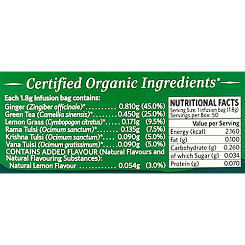 Organic India Tulsi Green Tea - Lemon Ginger, 90 g (50 Bags x 1.8 g Each)