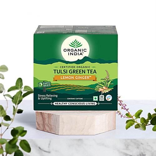 Organic India Tulsi Green Tea - Lemon Ginger, 90 g (50 Bags x 1.8 g Each)
