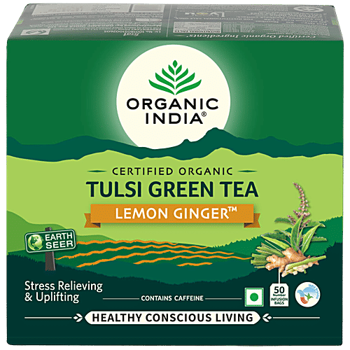 Organic India Tulsi Green Tea - Lemon Ginger, 90 g (50 Bags x 1.8 g Each)